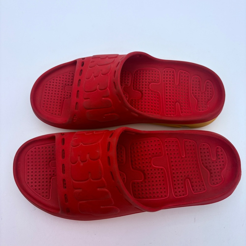 Freshly Red Yellow Rubber Slide Sandals Men 8 Women 10 Embossed Logo Streetwear - Picture 3 of 7